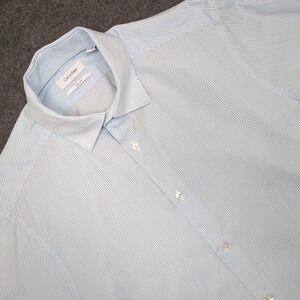 Calvin Klein‎ Mens Slim Fit Striped Dress Shirt Blue White Size Medium 15 32 33